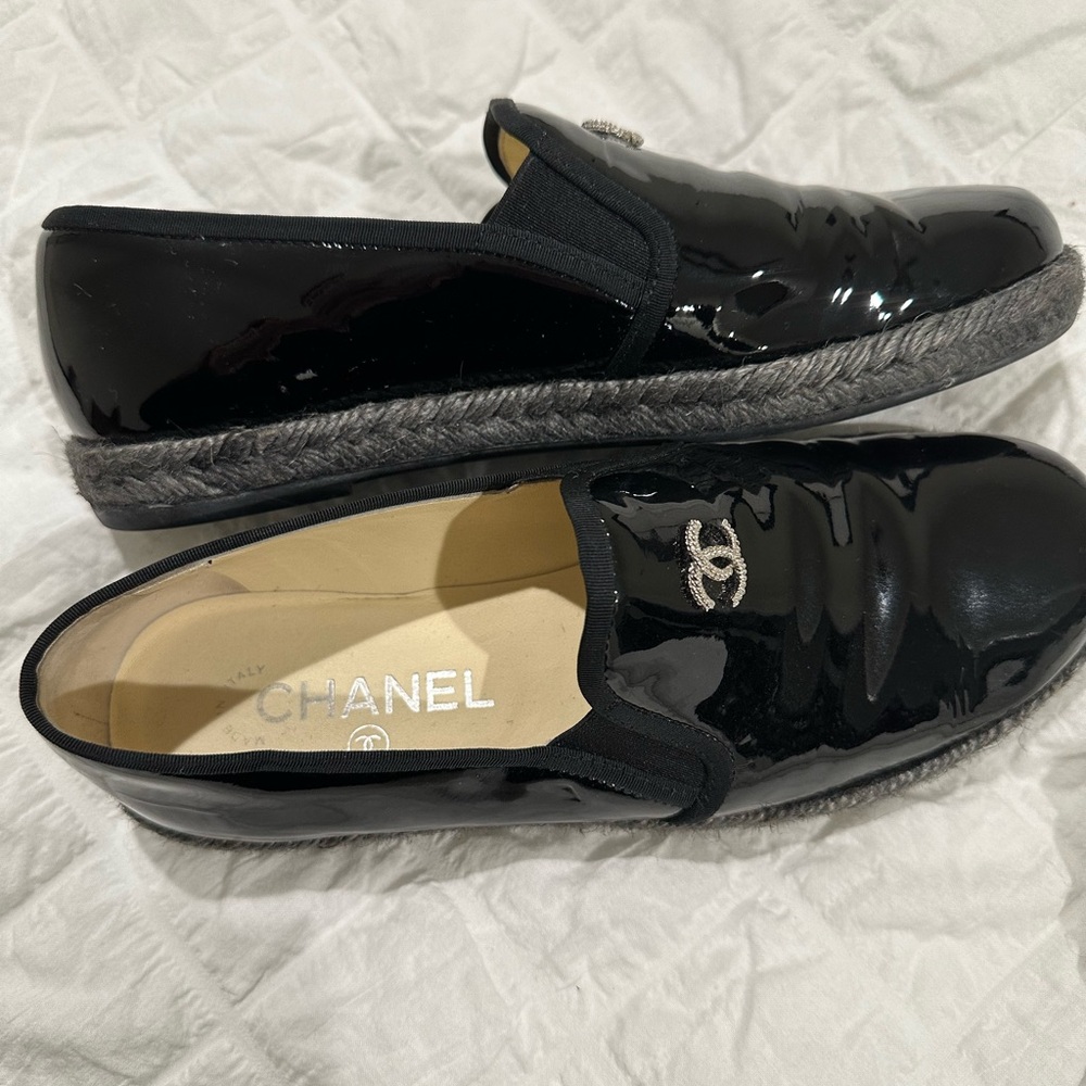 Chanel women’s patent leather loafers espadrille sole